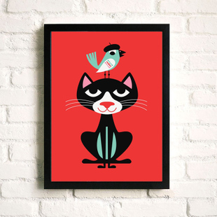 猫和小鸟卡通可爱动物艺术画 儿童房餐厅有框装饰画