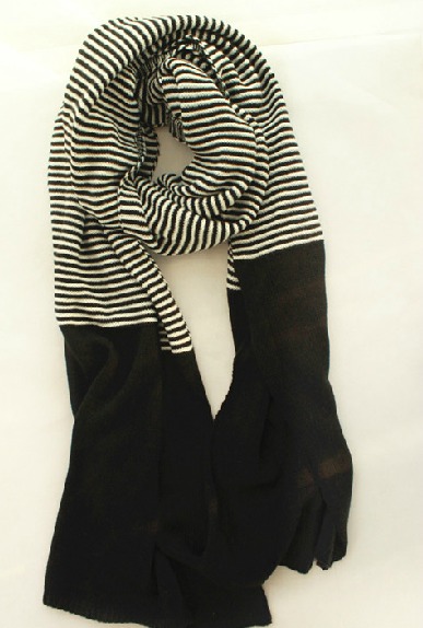 出口原单黑白条纹拼色毛线围巾