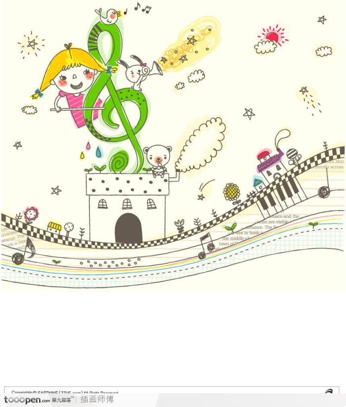 简笔画女孩插画-拉着音符大提琴的女孩