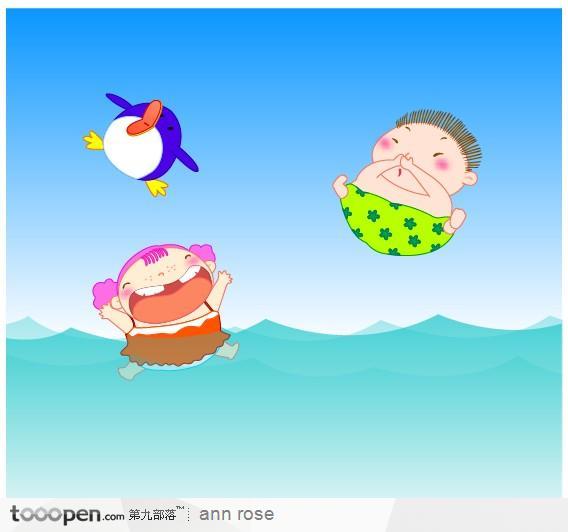 开心游泳的小孩插画素材