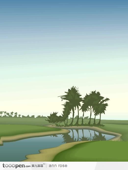 河流绿树写实风景插画