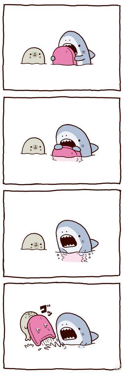 鱼类主题四格漫画,蠢萌鲨鱼和呆萌海豹的日常!