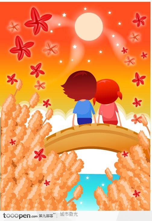 童年插画-坐在桥上肩靠肩看日落的情侣