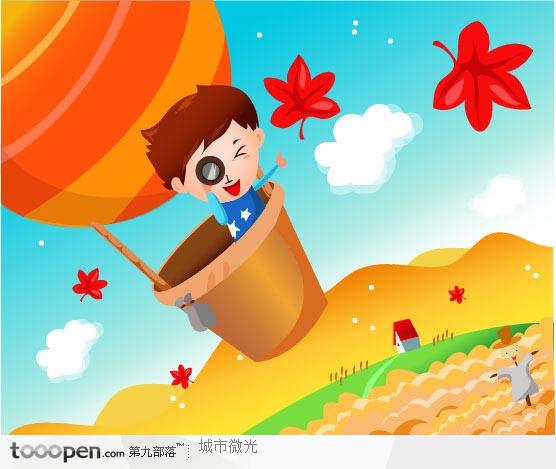 童年插画-坐在热气球上拿着望远镜的男孩