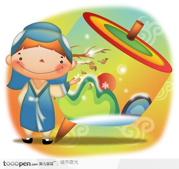 韩国儿童插画-陀螺和韩国小朋友