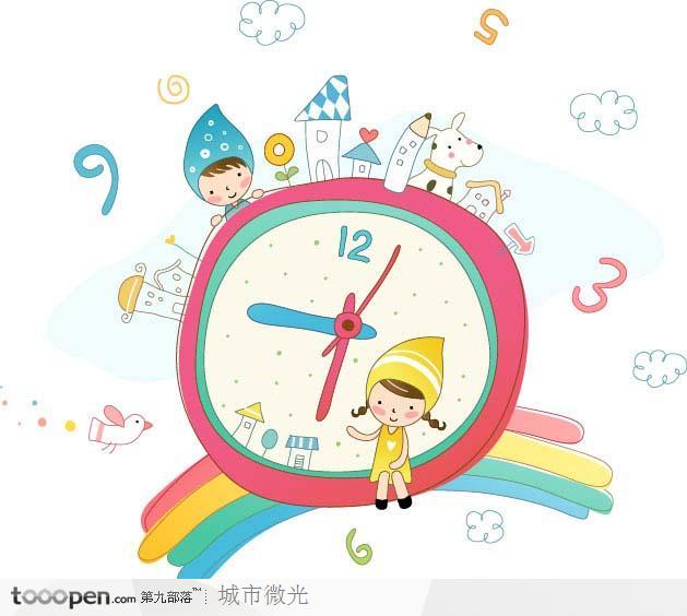 快乐童年插画-彩虹上的梦幻时钟
