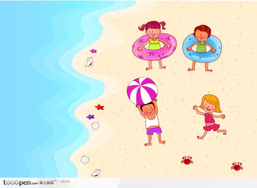 沙滩儿童玩耍卡通插画集