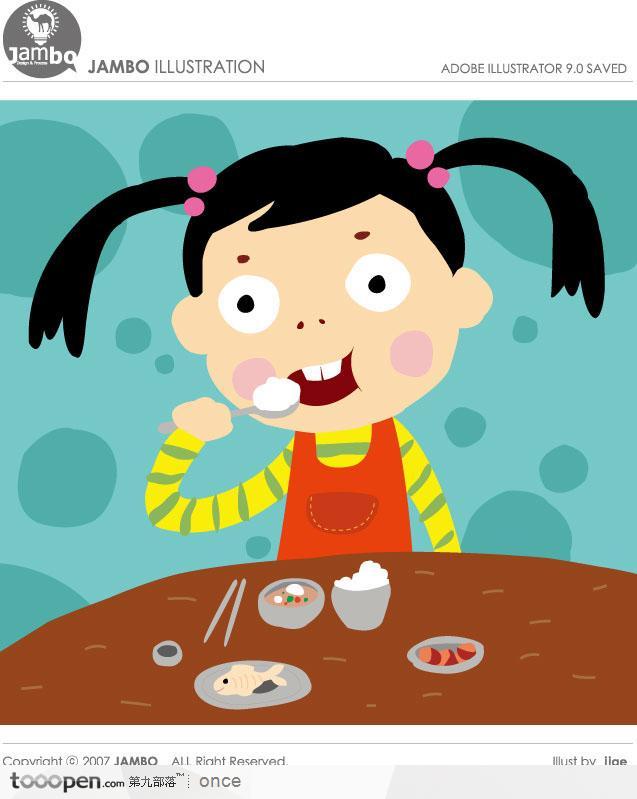 可爱儿童插画之餐桌上吃饭的小女孩