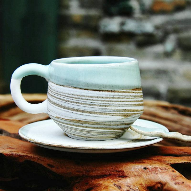 原创手工陶瓷咖啡杯套装杯碟勺青釉个性水杯礼物陶艺杯子男生办公