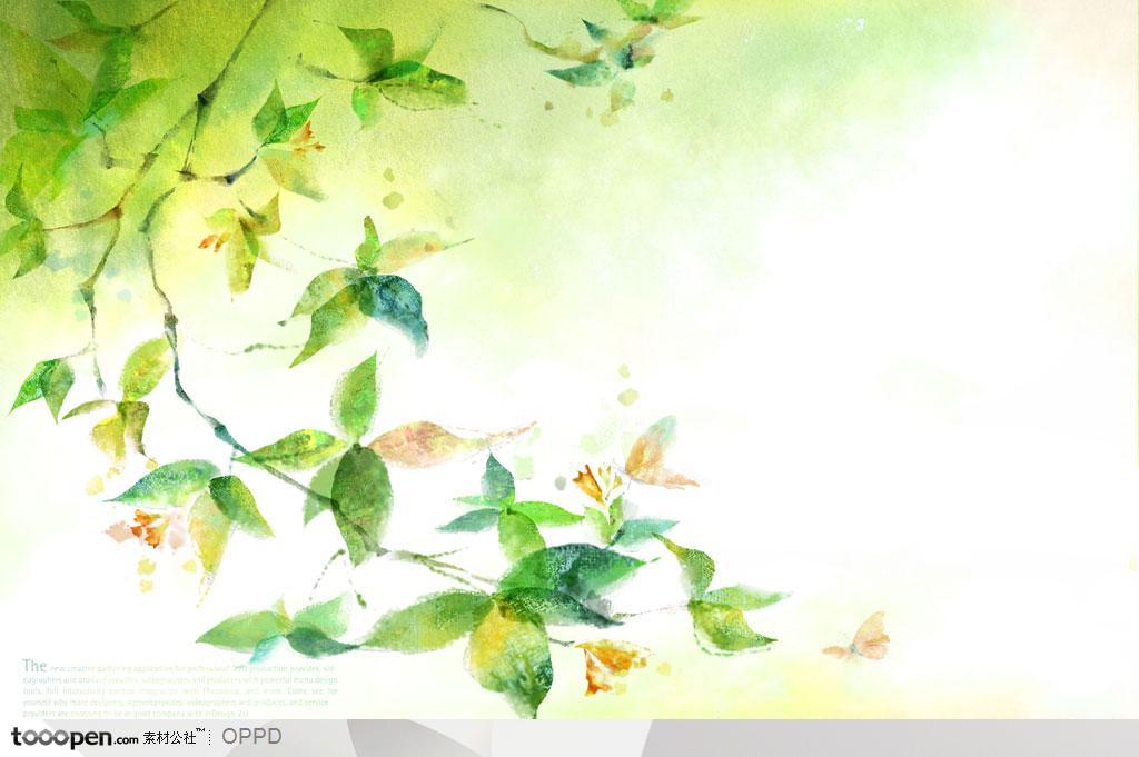 低碳环保植树节背景-手绘水彩插画夏季翠绿的树叶枝条