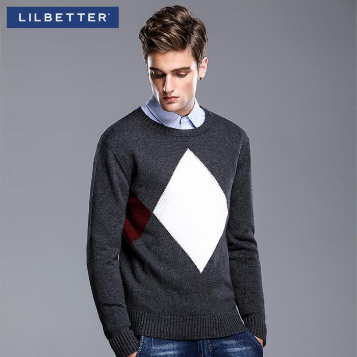 lilbetter男士圆领毛衣 冬装菱形学院风英伦外套 套头针织衫男 潮