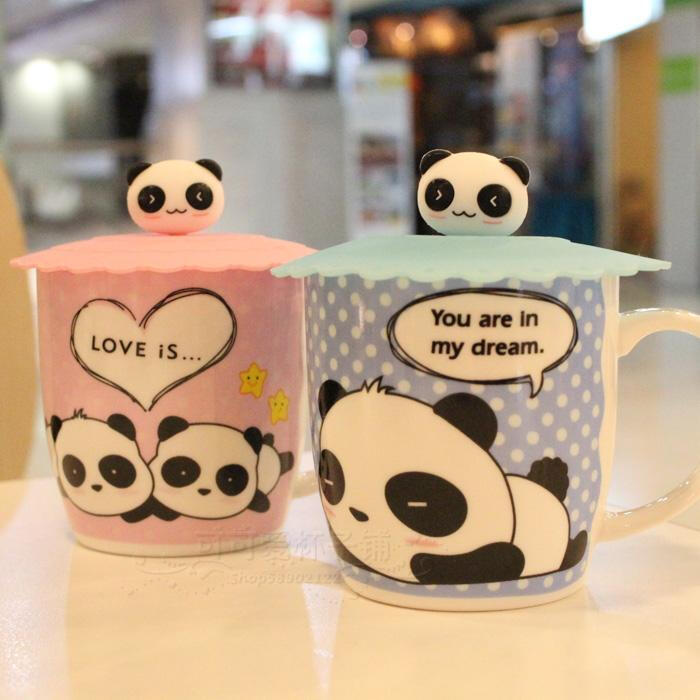 陶瓷熊猫杯子情侣对杯马克杯带盖水杯卡通可爱茶杯礼品杯子