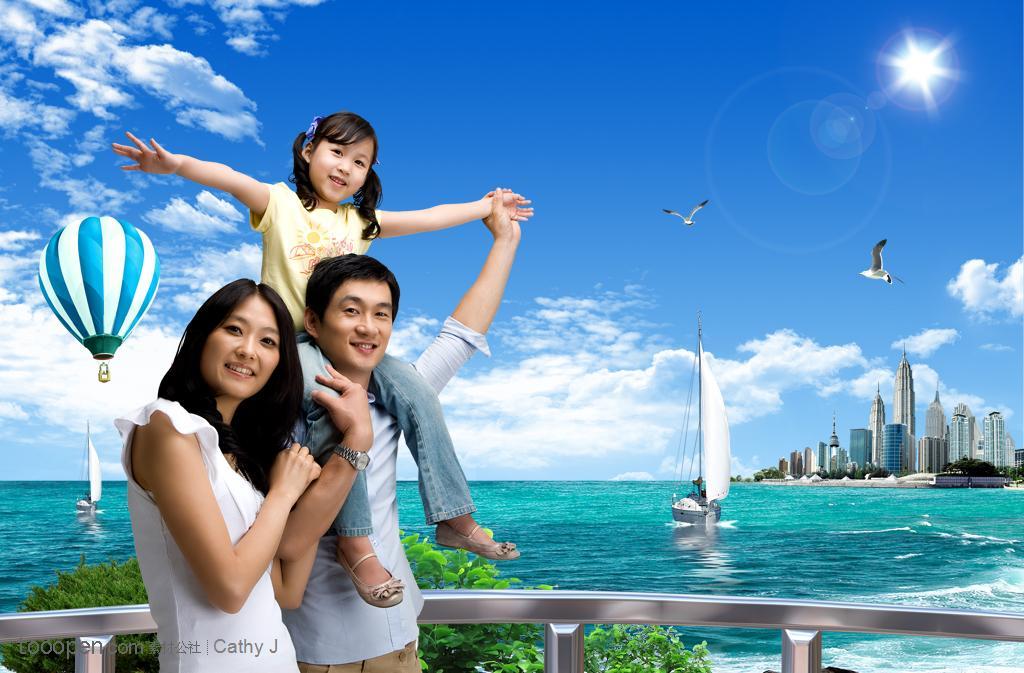 幸福出游的三口之家和城市建筑背景