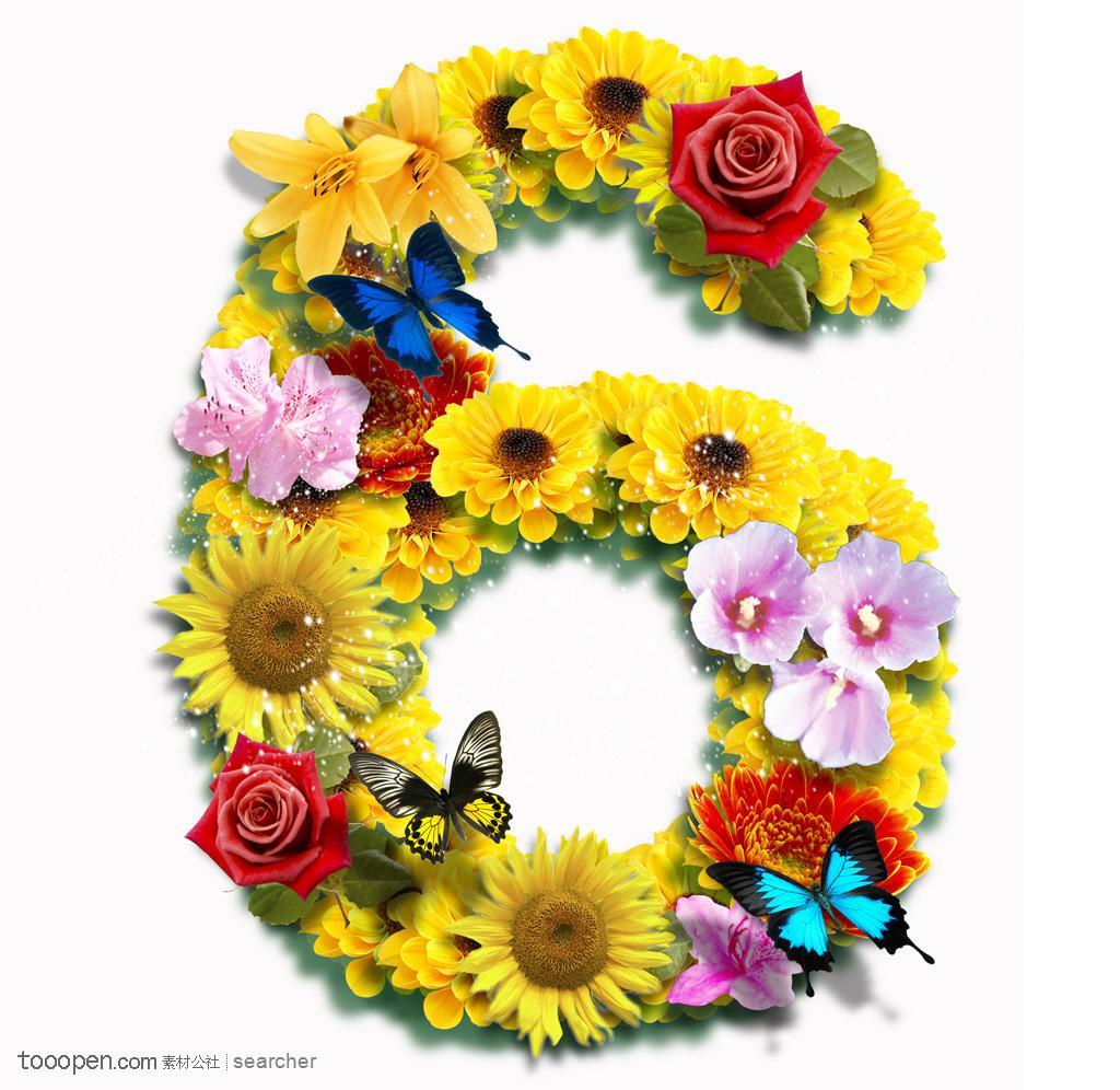 花纹艺术字体设计--鲜花拼成的数字6