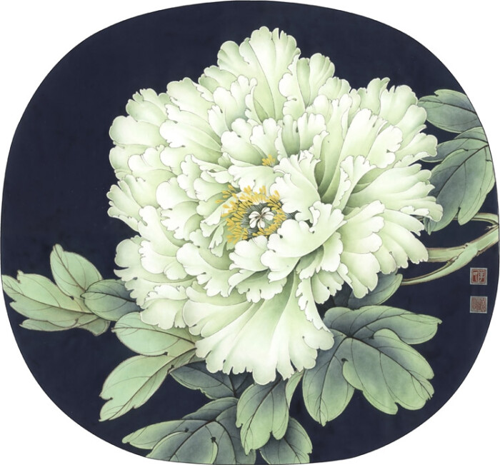 现代 李晓明 工笔牡丹团扇-1 名家字画 39x42cm 国画花卉装饰画