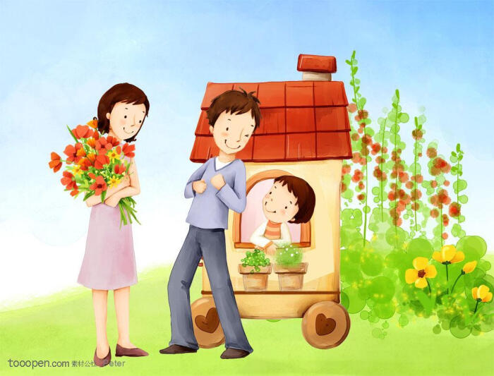 手绘幸福家庭生活之抱着鲜花的妈妈和坐在卡通木房子里的小女孩
