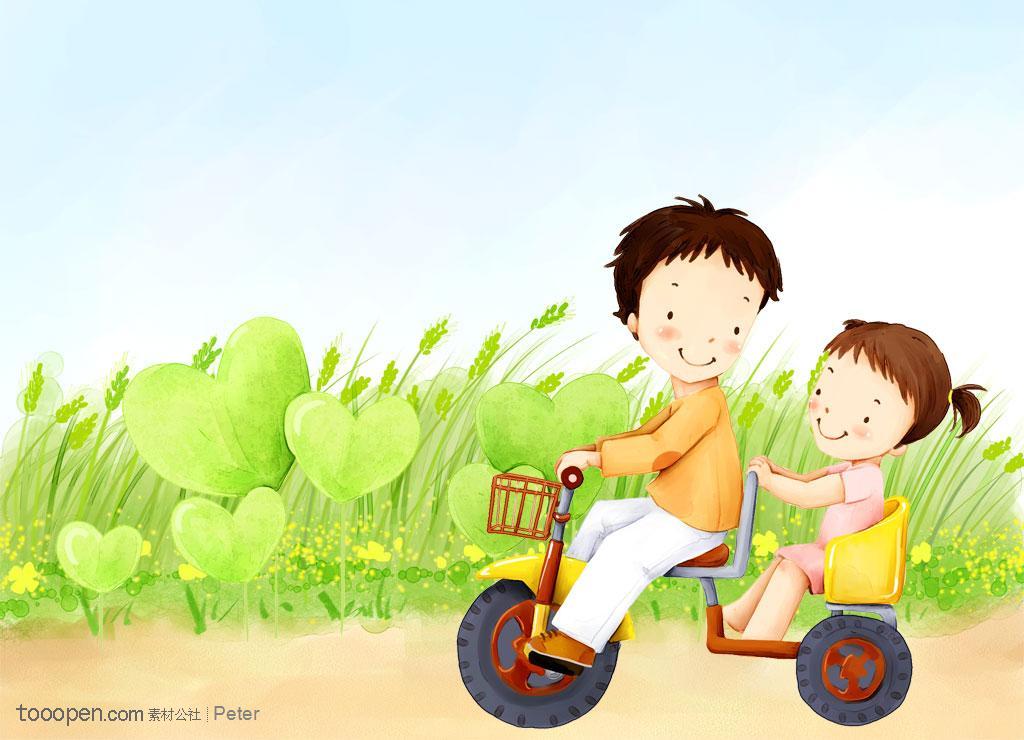 手绘幸福家庭生活之骑着车在草地上玩耍的儿童