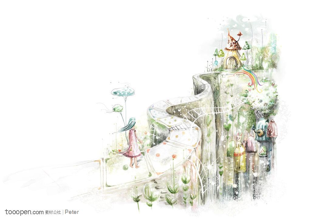 手绘水彩梦幻插画之走在顶端的小女孩和童话风景背景