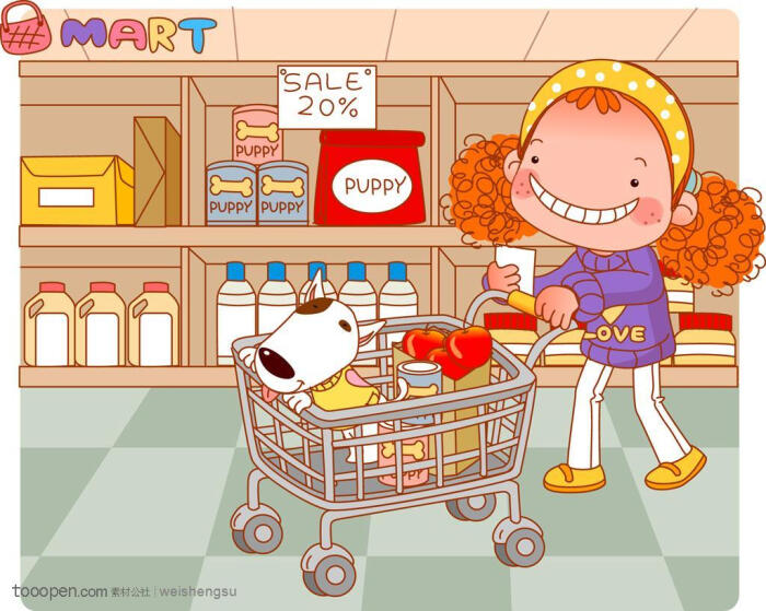 韩国卡通胖女孩 超市购物的卷发娃娃和小狗