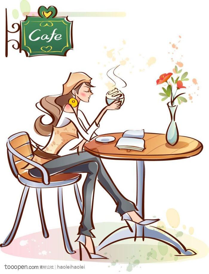 时尚女孩插画矢量素材-喝咖啡的时尚女孩