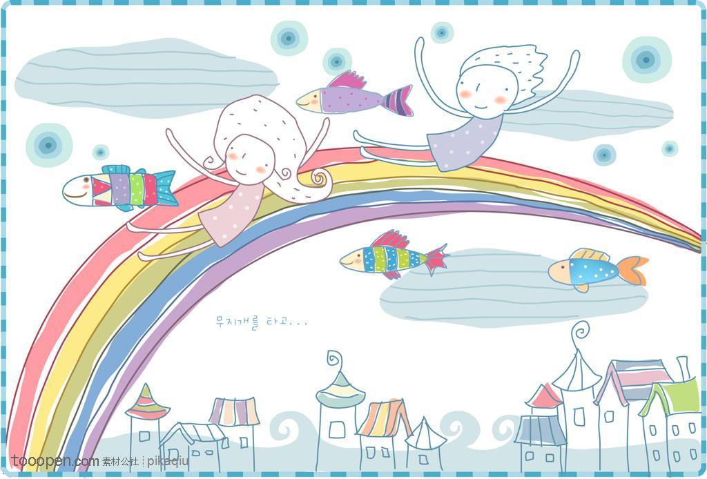 韩国矢量简洁卡通人物 彩虹上玩滑梯的男孩女孩