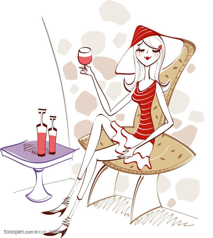 手绘简约风格插画之端着红酒杯坐在椅子上的美女
