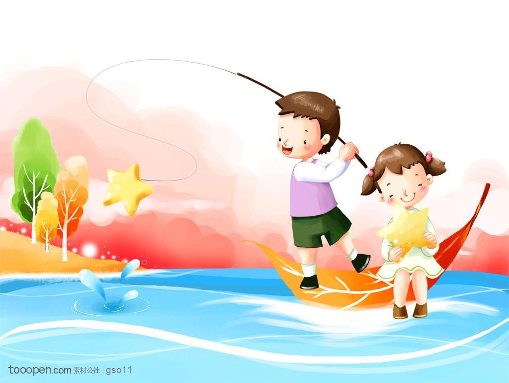 卡通插画-在钓鱼的卡通小孩子