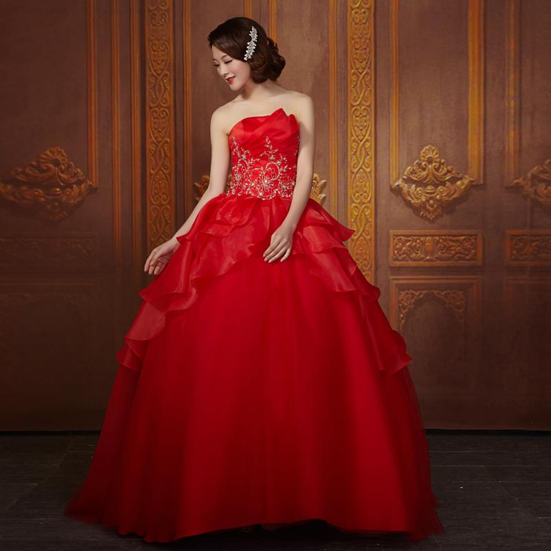 蔡美月国际婚纱大红色传统新娘礼服 经典刺绣抹胸齐地蓬蓬裙
