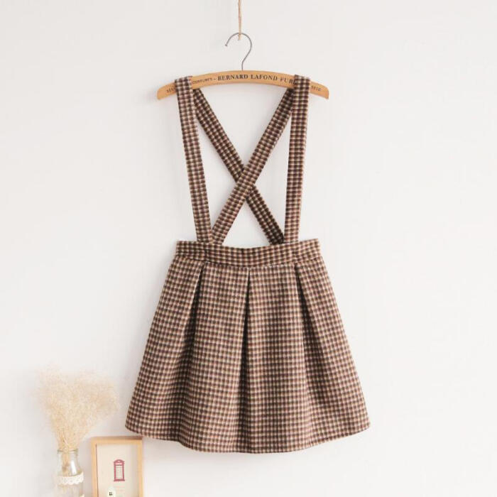 PP家1212冬季日系小清新交叉格子背带裙短裙