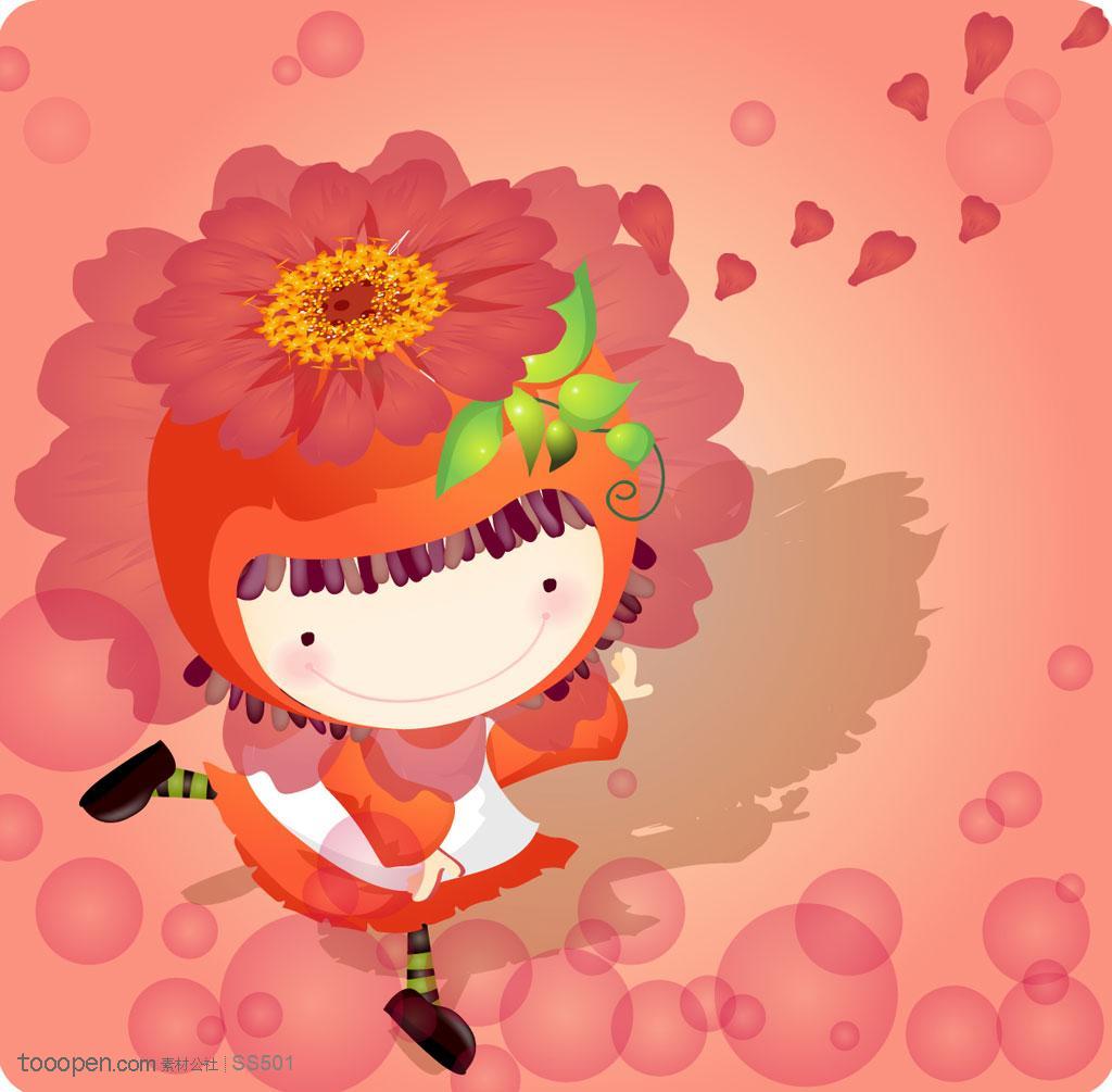 手绘戴着帽子顶着红色花朵跳舞的小女孩
