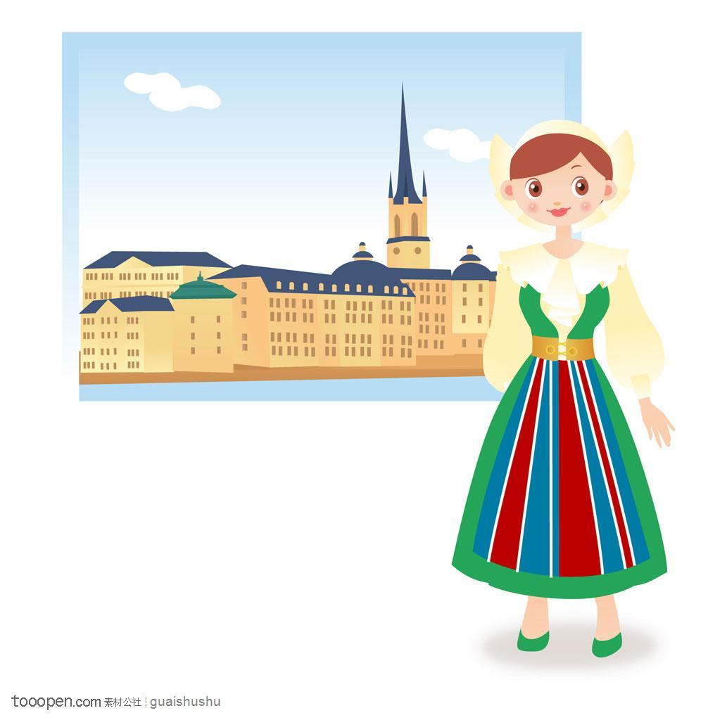 国家卡通插画女孩 俄罗斯传统服饰女孩