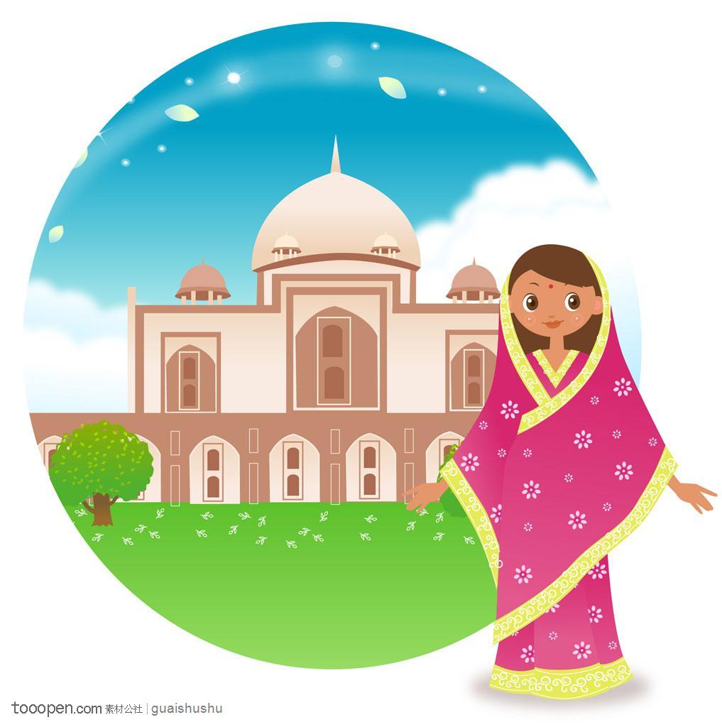 国家卡通插画女孩 印度泰姬陵著名建筑印度传统服饰女孩