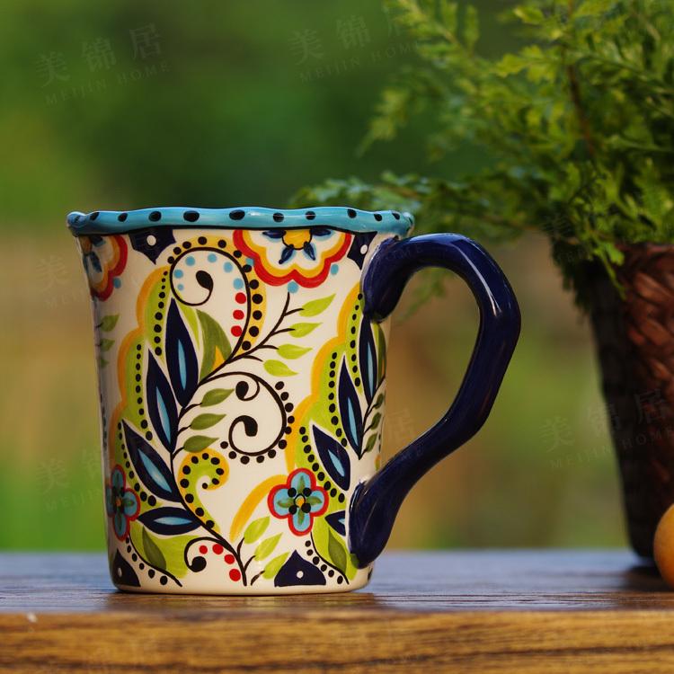 玫瑰罗曼 欧式田园手工彩绘陶瓷杯子水杯 3d绿意旷野马克杯