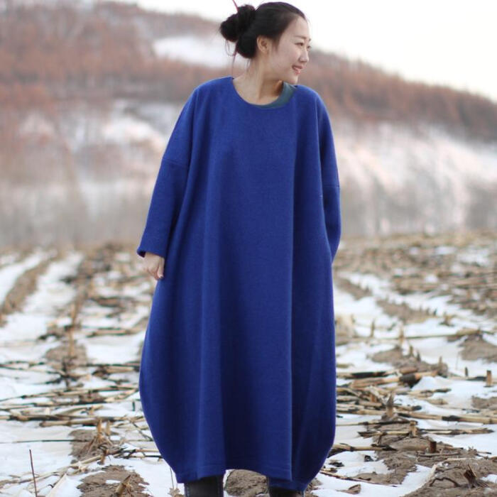 滋原创设计 冬季羊毛呢宽松长款加厚连衣长裙