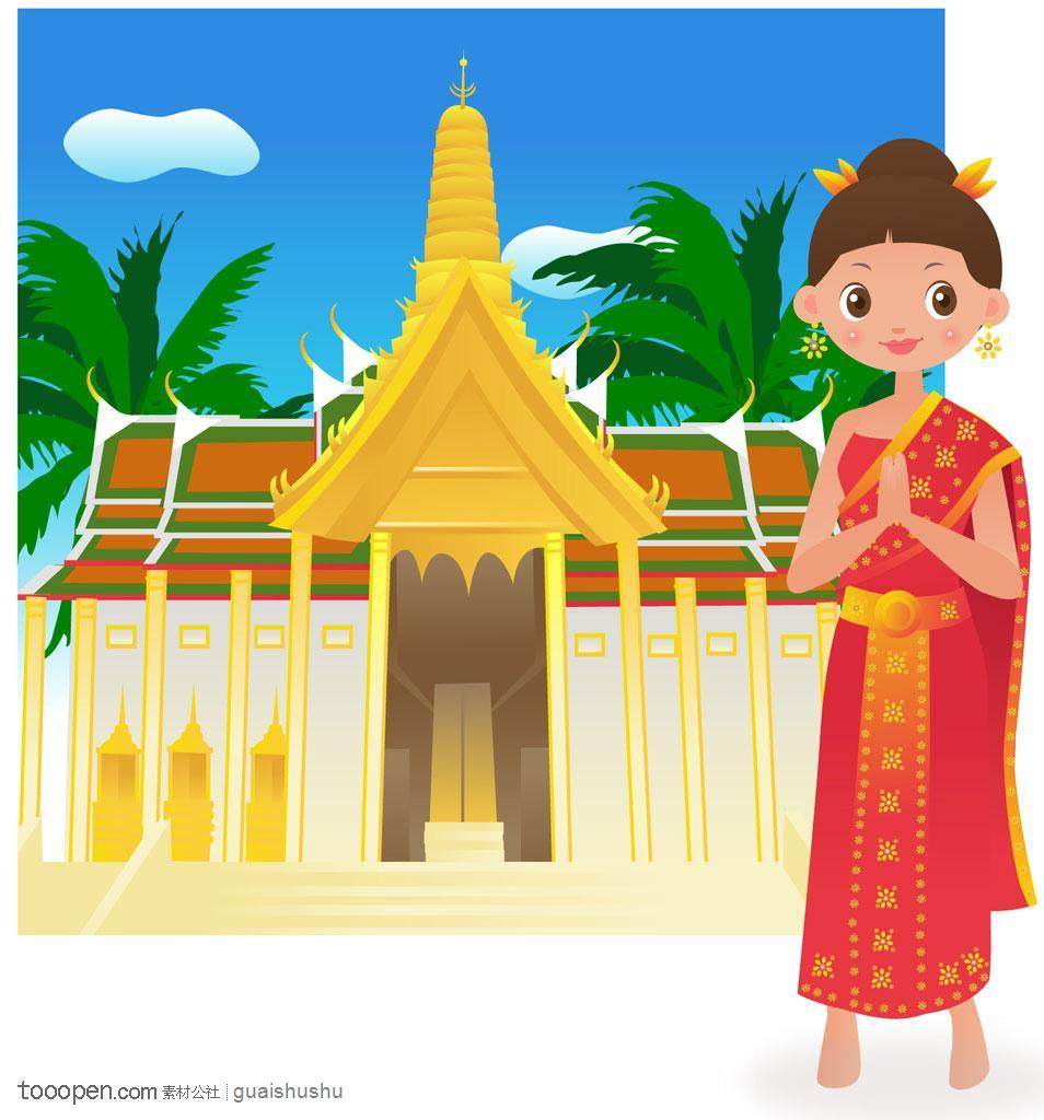 国家卡通插画女孩 泰国佛统大金塔寺庙泰国传统服饰女孩
