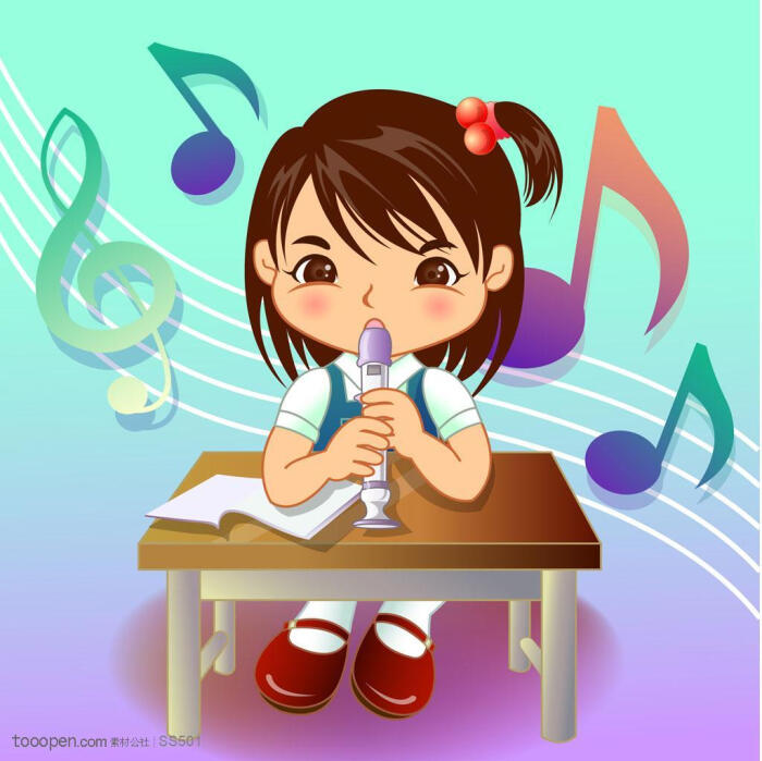 手绘坐在课桌前吹奏竖笛的小女孩和音符背景