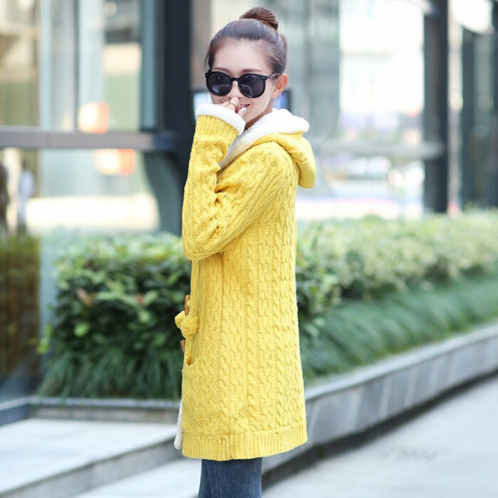 秋冬季韩版新款女式加绒毛衣外套中长款加厚开