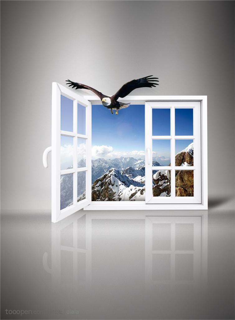 灰色立体空间窗户里从雪山飞进来的雄鹰