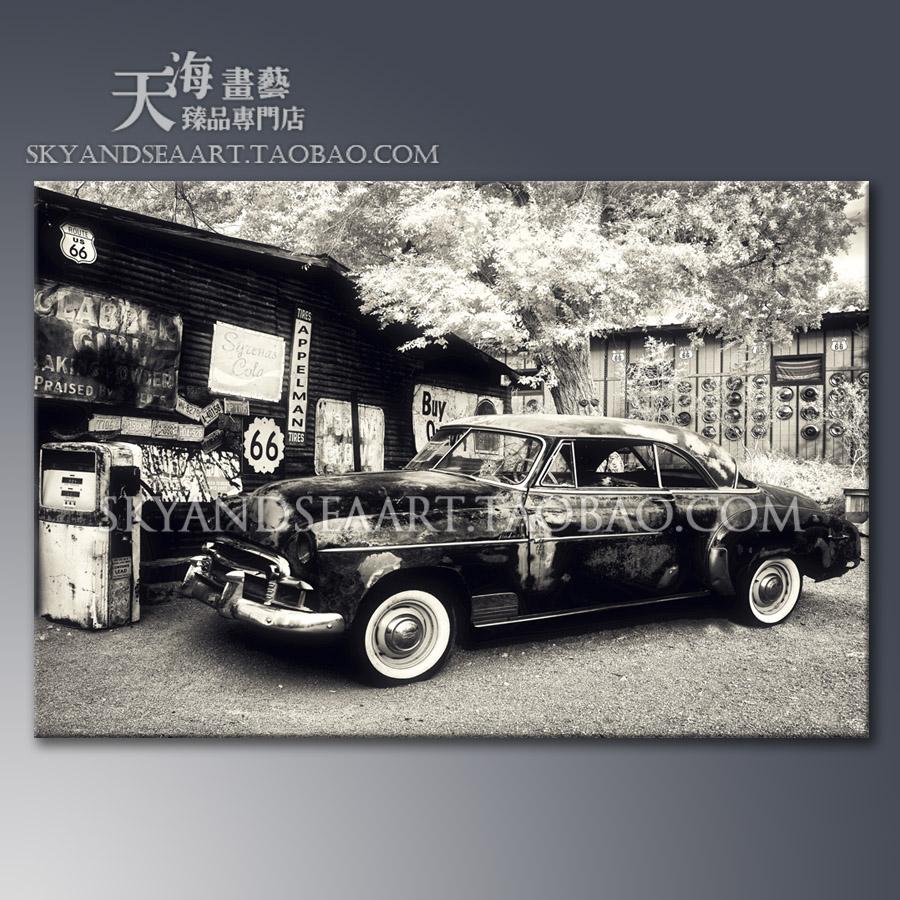 欧美复古老爷车怀旧黑白老照片超大 客厅现代装饰画挂画墙画壁画