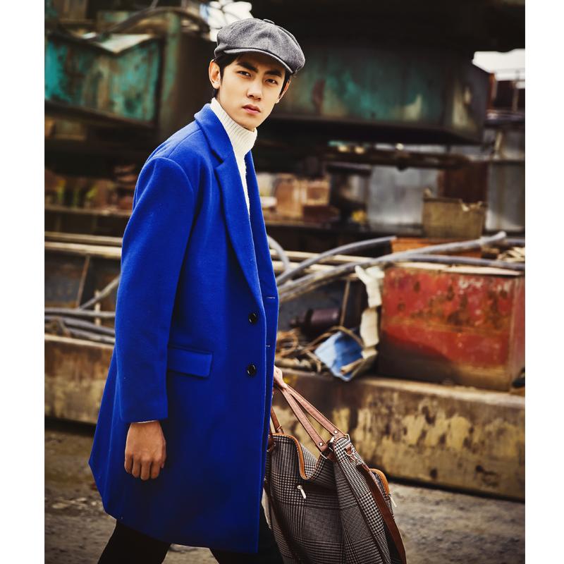 yuze原创设计韩版时尚廓形落肩男士蓝色长款毛呢大衣男长款外套潮