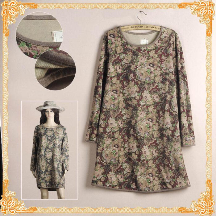 森林系文艺复古森女棉麻碎花长袖连衣裙春秋装