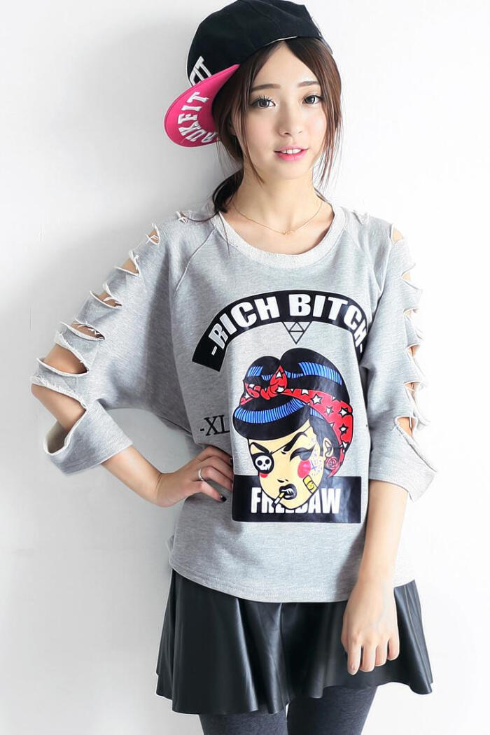 韩版女装上衣恶搞卡通动漫长袖镂空露肩嘻哈卫