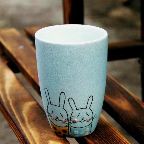 创意陶瓷杯子手绘卡通情侣杯杯手工杯子陶艺水杯兔子蓝生日礼物