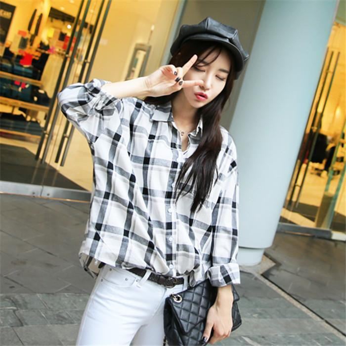 韩国2015春装polo黑白格子衬衫女长袖棉打底