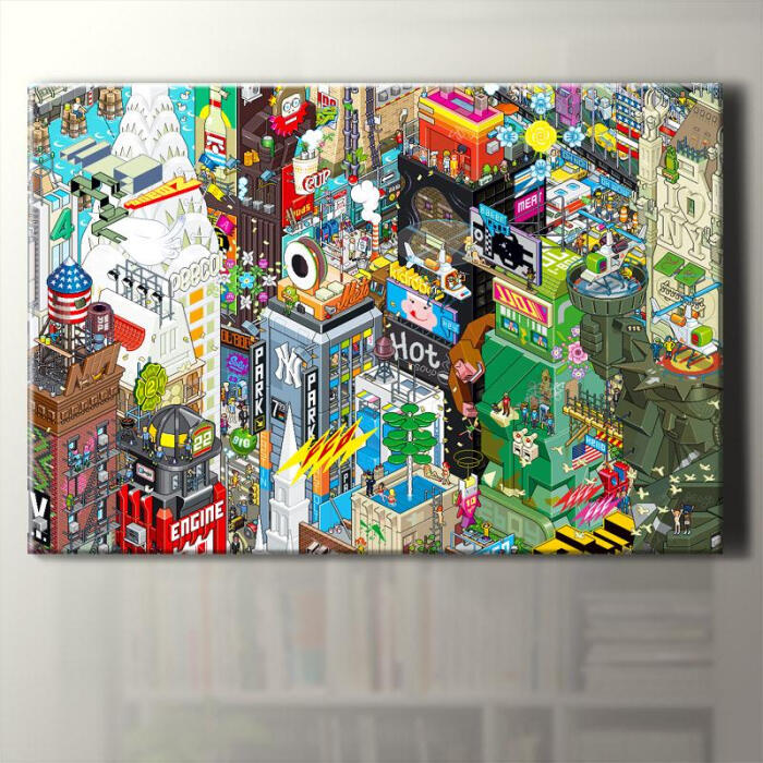 pixel art 像素画艺术 另类空间城市装饰画 数字虚拟社区无框画