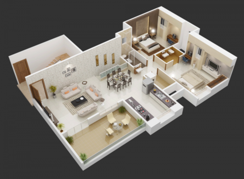 三居室户型3d布局效果图(分享是力量, 来源:互联网)