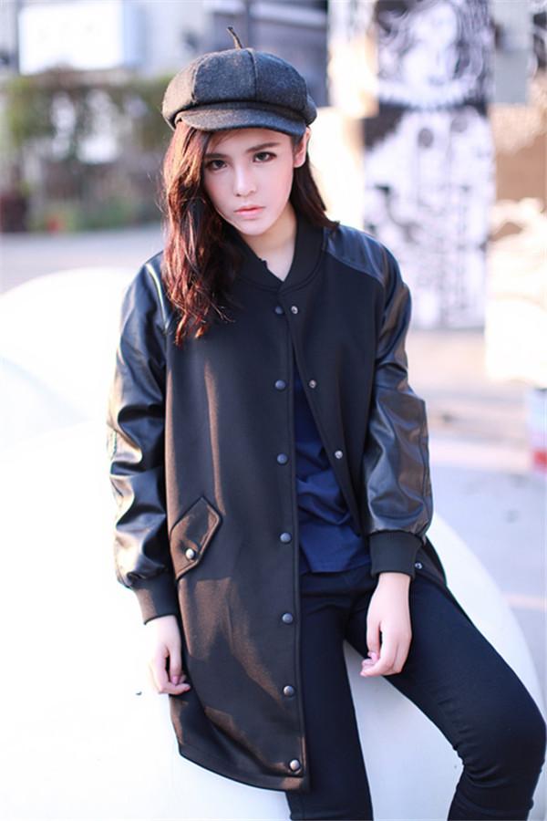 黑色拼皮长款棒球衫外套,随便搭配打底衫和…