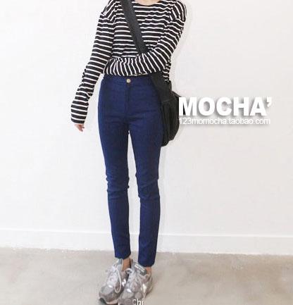 特别推荐mocha'超高腰墨蓝色复古小脚牛仔裤