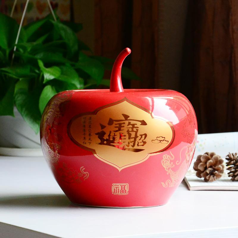 景德镇中国红陶瓷储物罐 红色苹果罐子 招财进宝 花开富贵 摆件