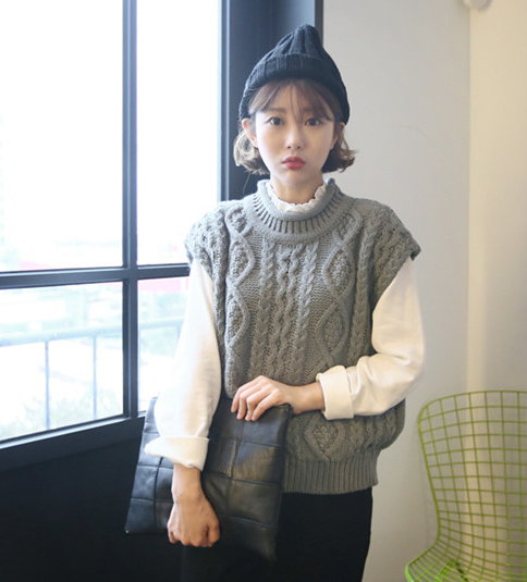 2015韩版冬花边领套头长袖衬衫麻花卷领毛衣
